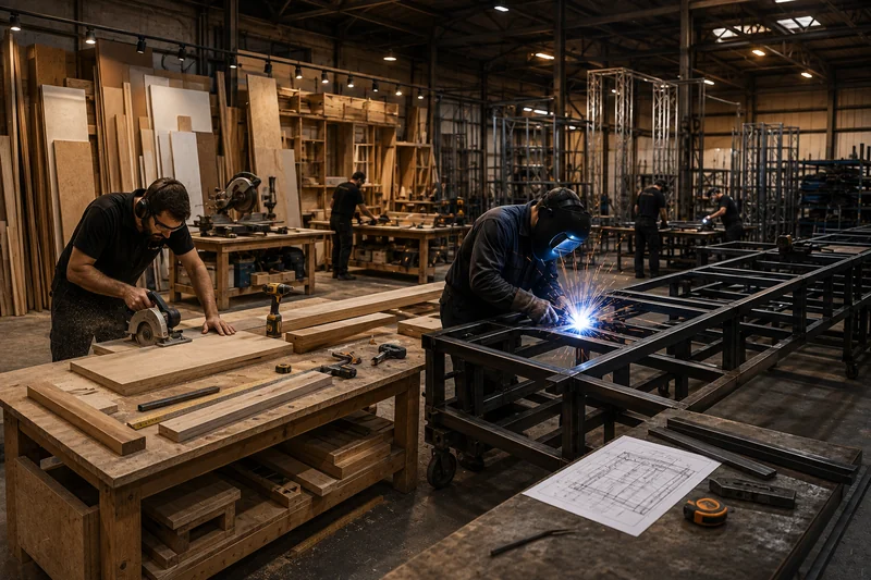 Fabrication workshop building event structures from approved drawings